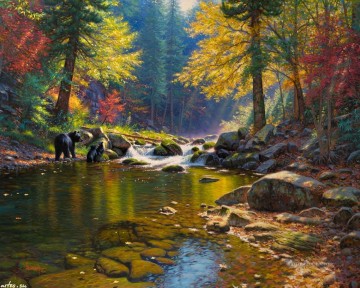 秋の川のクマ Oil Paintings